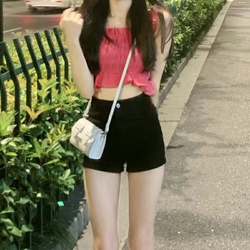 純欲辣妹風牛仔短褲女夏季設計感小眾高腰顯瘦黑色直筒休閑闊腿褲