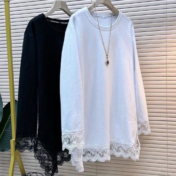 長袖T恤蕾絲花邊拼接中長款遮肚子上衣女特大碼寬松純色時尚新款【聚宝屋】