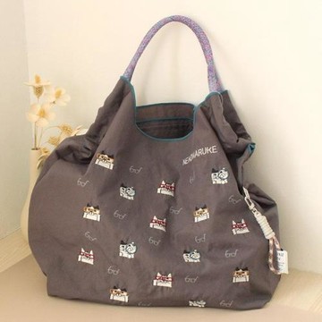 出口日本重工刺繡貓咪單肩包手提包手拎包購物袋尼龍包環保布包