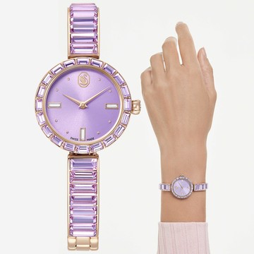 SWAROVSKI 施華洛世奇 Matrix Bangle 方形切割水晶手鐲式手錶 女錶-紫x香檳金(5743713)