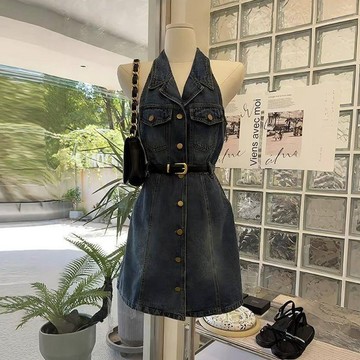 🎇夏季爆款🎇 時尚港風復古牛仔無袖連衣裙2025夏季新款小個子收腰顯瘦牛仔短裙