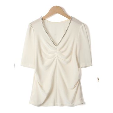 歐洲站小眾設計感打底衫夏V領純色醋酸針織壓褶顯瘦短袖T恤女上衣