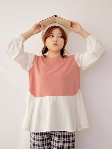 雲朵自訂款-假兩件拼接後綁帶A-line上衣