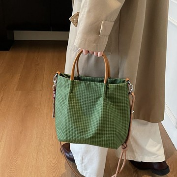 限時特賣 托特包 手提包 帆布女包 便當包 手提袋 日系復古格子帆布托特包女手提包通勤包大容量簡約休閒百搭單肩包限定