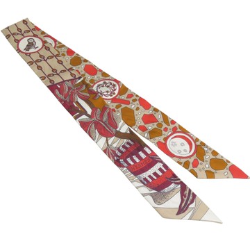 HERMES 愛馬仕 卡其/紅色 真絲 絲巾 La Danse des Amazones Twilly 【二手名牌BRAND OFF】