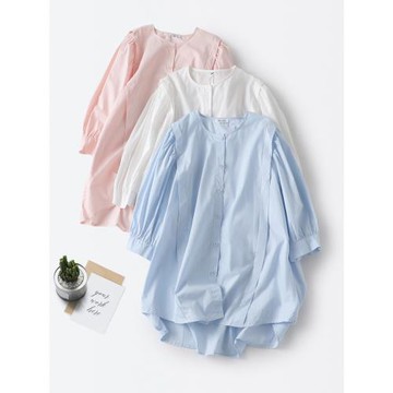 設計感小眾純色全棉襯衫女夏季寬松大碼休閑減齡七分袖圓領襯衣薄