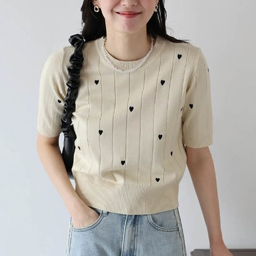 日本 BLUE EAST - 甜蜜愛心羅紋針織短袖上衣-黑色愛心-杏