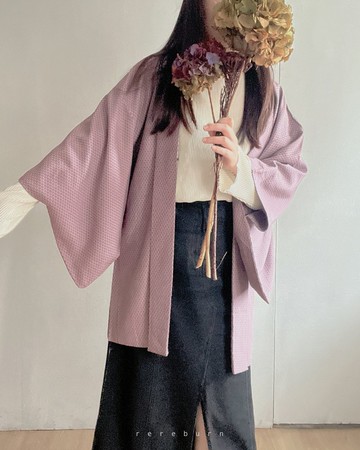 日本製和風印花薄款紫色格子古著羽織和服外套