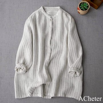 【ACheter】百搭棉麻感條紋衫文藝范休閒寬鬆上衣薄麻七分袖襯衫長版# 121317(現貨+預購)
