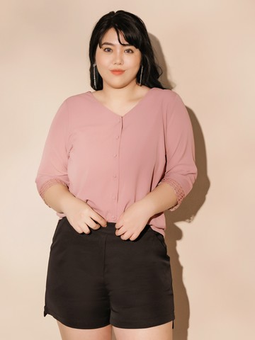 蕾絲袖口後綁帶開襟雪紡五分袖上衣