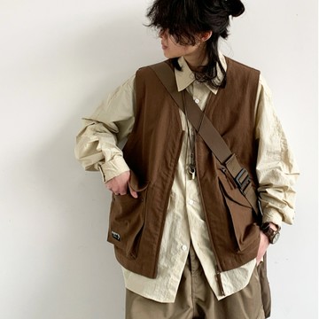 日系慵懶垂墜感工裝馬甲男寬鬆休閒無袖背心情侶外套男