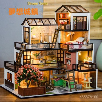 臺灣出貨🚚diy小屋夢想城鎮閣樓迷你房子別墅模型木質拚裝玩具生日禮物男女  DIY 小屋 DIY手作 袖珍屋 娃娃屋