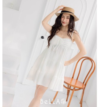 【夏季新品】BeLLA 胸前抽繩細肩洋裝 白色