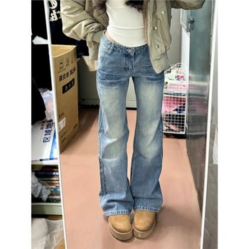 (免運)美式復古淺色微喇叭牛仔褲女冬季小個子水洗低腰顯瘦寬松闊腿長褲