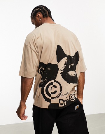 ASOS Dark Future oversized t-shirt in taupe with logo and dog back print-Neutral