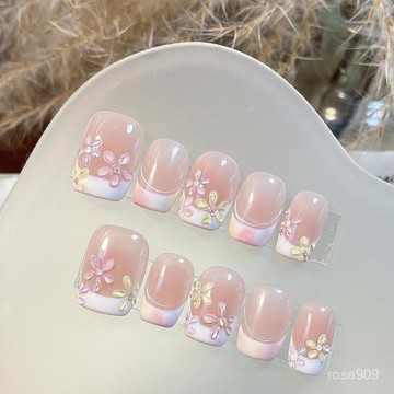 ✨Hannah✨秘密花園裸色美甲穿戴甲粉色純手工辣妹法式高級貼片可拆卸暈染花純手工穿戴甲 ZYGJ