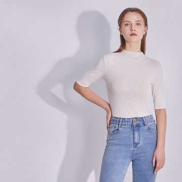 【MASTINA】小高領合身五分袖上衣 白 咖 灰 (魅力商品)