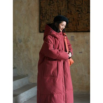 知筆墨2024年冬款超厚紅藍撞色兩面穿連帽腰部抽繩保暖長羽絨服女