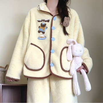 愛依依 兩件套 保暖家居服 加厚睡衣 M-XL冬季可愛奶黃拼接撞色珊瑚絨睡衣-11374.