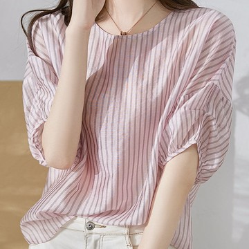 設計感小眾短袖條紋襯衫女 休閑寬松垂感百搭上衣顯瘦女裝 夏季女裝 短袖襯衫女 大尺碼女裝 短袖上衣 休閒上衣女 日系穿搭