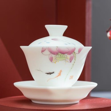 手繪陶瓷三才蓋碗茶杯素燒德化羊脂玉功夫茶具茶碗大小泡茶碗介碗