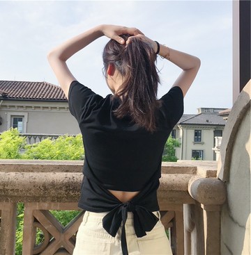 韓版夏季素色露背個性蝴蝶結短袖上衣【T232】