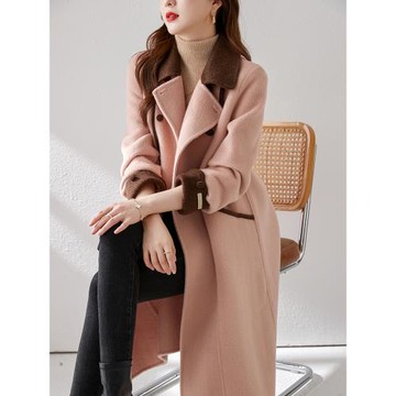 (免運)玖詩婭秋冬新款粉色毛呢大衣日系甜美高級好看拼色雙面羊毛外套女