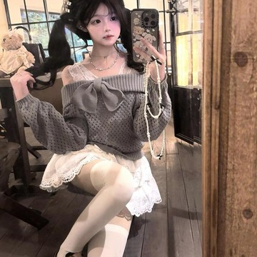 溫柔風 少女感 2026秋冬 中古蝴蝶結 甜美 收腰 束腰 一字肩 一字領 針織毛衣 針織上衣