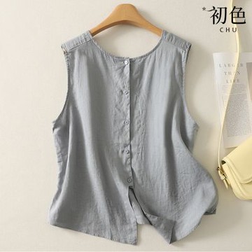 初色 日系棉麻風兩面穿圓領無袖背心上衣女上衣-共3色-14920(M-2XL可選)