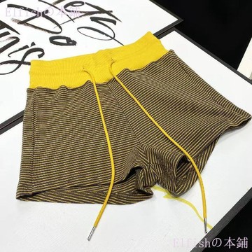 【美式撞色高腰拼接條紋】運動短褲 女 夏季 高腰 彈力 緊身 居家 休閒 熱褲 超短褲 高腰短褲 緊身短褲 美式運動短褲