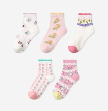 love, charlotte - 田園小花兔兔網眼短筒棉襪-5 雙一組