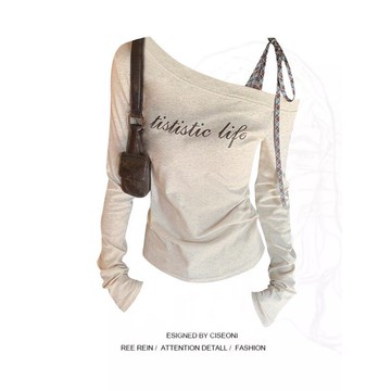 辣妹斜肩長袖T恤女早秋新款緊身顯瘦設計感上衣