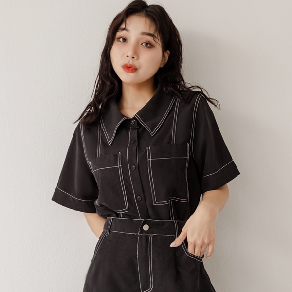 時髦霧感工裝車線短袖襯衫 中大尺碼上衣