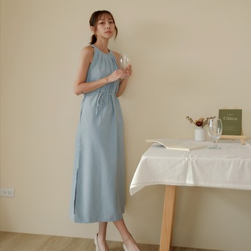 【Our Studio】麂皮知性腰綁帶削肩連身裙 黑色 天空藍色(現貨)