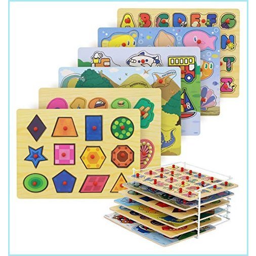 新品Etna Wood Peg Puzzle Set with Puzzles and Wire Storage Rack