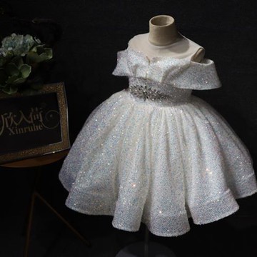 公主白紗裙女童兒童婚紗禮服走秀主持亮片鋼琴生日短款禮服花童裙
