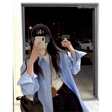 版型真的很好看！襯衫 女 藍色襯衫 薄襯衫 寬鬆襯衫 港風 復古 日系上衣 休閒襯衫 雪紡襯衫 襯衫外套 ins風襯衫