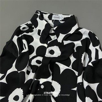STRAPPING黑白大雛菊抽象碎花短袖花襯衫男女夏威夷泰國復古日系