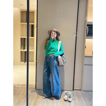 KOGIRL 韓版秋季新款梨形時髦寬松直筒毛邊牛仔褲高腰舒適長褲女