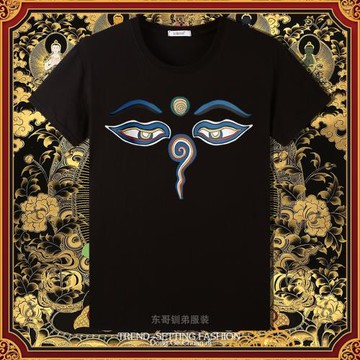 男士佛眼印花純棉T恤夏季情侶打底衫潮中國風上衣服體桖男裝短袖
