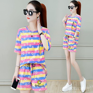 含棉條紋運動套裝女夏2022新款女裝寬鬆短袖短褲兩件套跑步休閒服