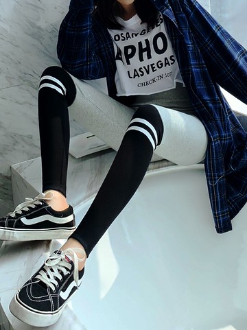 新款秋冬拼接撞色高腰修身打底褲女字母印花緊身九分褲外穿