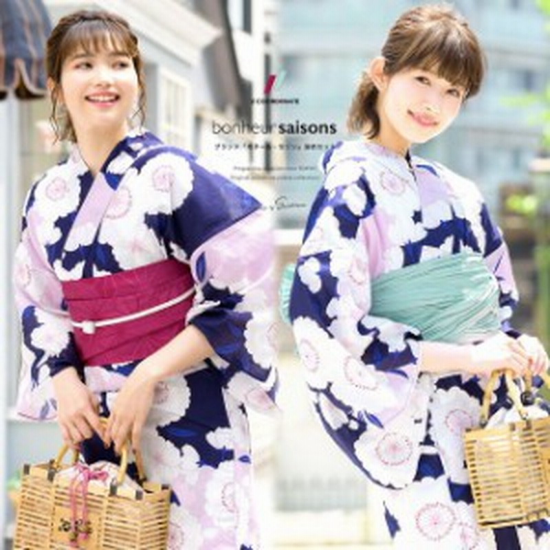 rili 浴衣 紺 飾り帯ピンク 浴衣セット レディース レトロ 作り帯 浴衣セット 大人 3点
