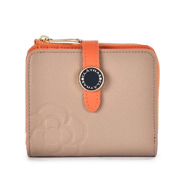 CLATHAS 山茶花壓印質感皮革雙色零錢短夾-橘棕色