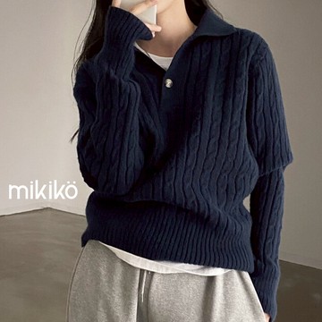 美木子｜針織上衣 針織毛衣｜麻花polo領毛衣 翻領長袖針織【T101139】套頭毛衣 復古針織衫 韓系 麻花紋長袖上衣