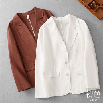 初色 簡約休閒寬鬆翻領排扣假口袋長袖西裝外套女外套-共2色-18993(M-3XL可選)