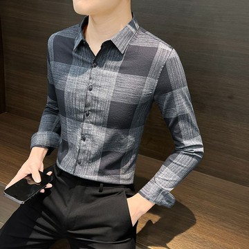 春秋青年拼色格紋長袖襯衫男 薄款港風休閒藍色襯衫外搭男