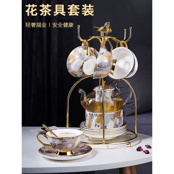 英式陶瓷玻璃花茶壺套裝家用下午水果茶燭臺加熱茶壺杯碟茶具整套