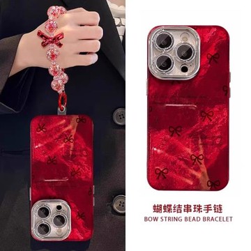 適用蘋果17promax手機殼16紅色本命年新女款iPhone15promax黑蝴蝶結帶手鏈14plus高級感13自帶鏡頭膜12保護套