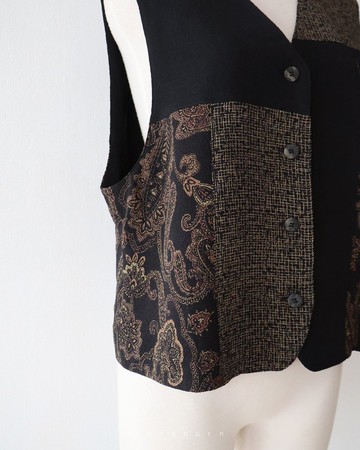 日本製復古和風印花圖騰拼接黑色古著背心